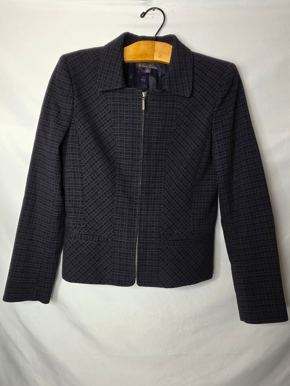 Brooks Brothers Blazer Womens 6 Black Grid Check Full Zip Suit Jacket Wool Blend